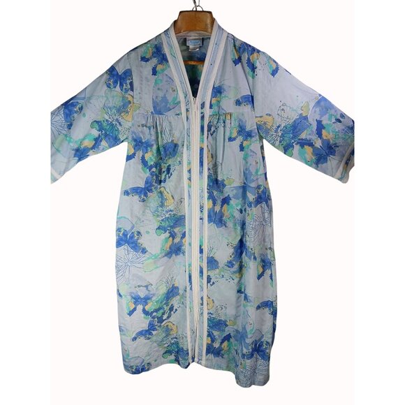 National Womens Zip Front Housecoat Robe 1X Blue Floral Butterfly Cozy Lounge - Picture 4 of 11